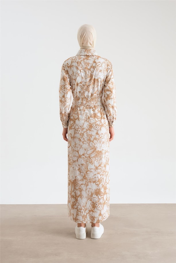 Armine Beli Bağlamalı Desenli Elbise 24Y9840 Camel