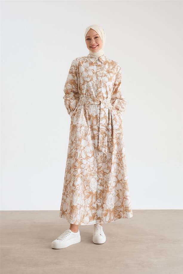 Armine Beli Bağlamalı Desenli Elbise 24Y9840 Camel