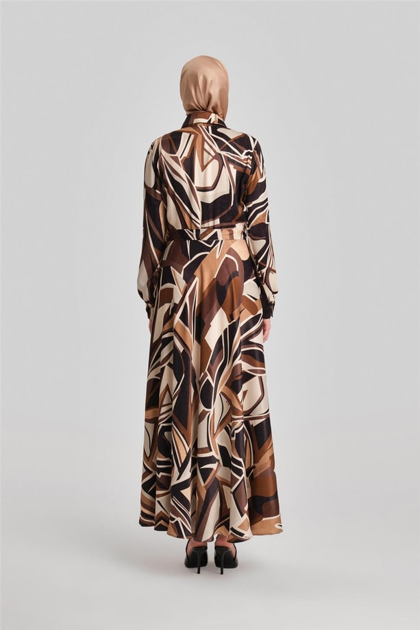 Armine Biye Detaylı Desenli Elbise 24Y9853 Kahverengi