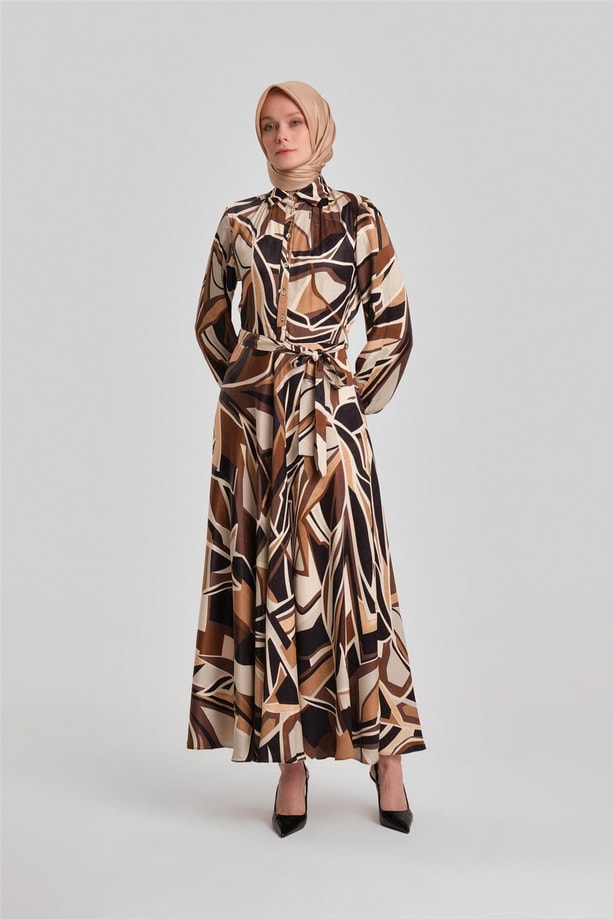 Armine Biye Detaylı Desenli Elbise 24Y9853 Kahverengi