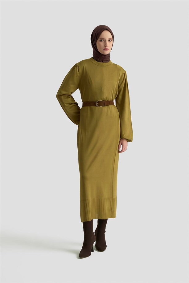 Armine Basic Triko Elbise 25KTD956 Yağ Yeşili