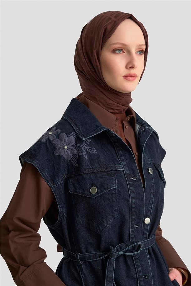 Armine Nakışlı Denim Yelek 25KD1009 Lacivert