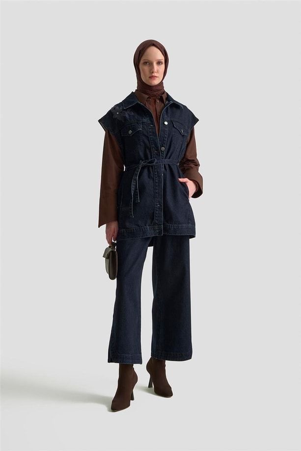 Armine Nakışlı Denim Yelek 25KD1009 Lacivert