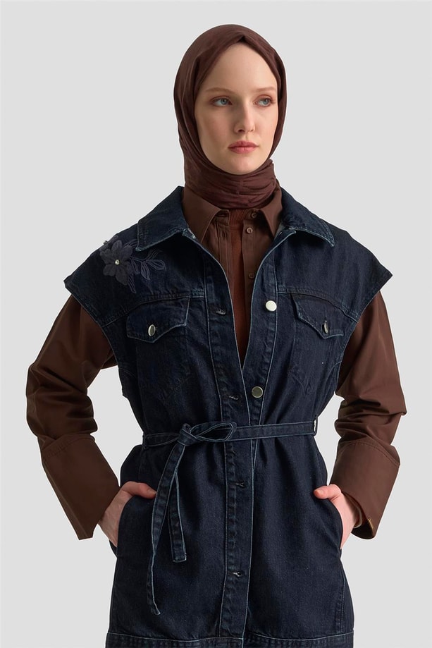 Armine Nakışlı Denim Yelek 25KD1009 Lacivert