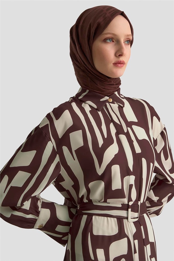 Armine Soyut Desenli Elbise 25KD1013 Vizon