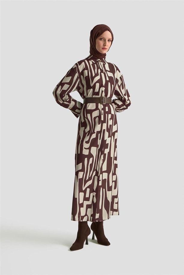 Armine Soyut Desenli Elbise 25KD1013 Vizon