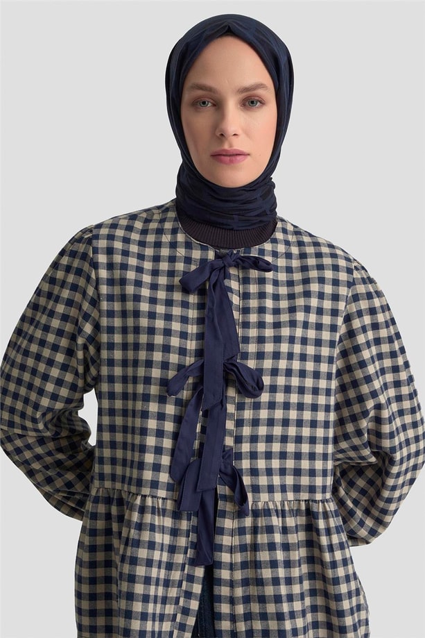 Armine Bağlamalı Karpuz Kol Ekose Tunik 25KM1025 Lacivert