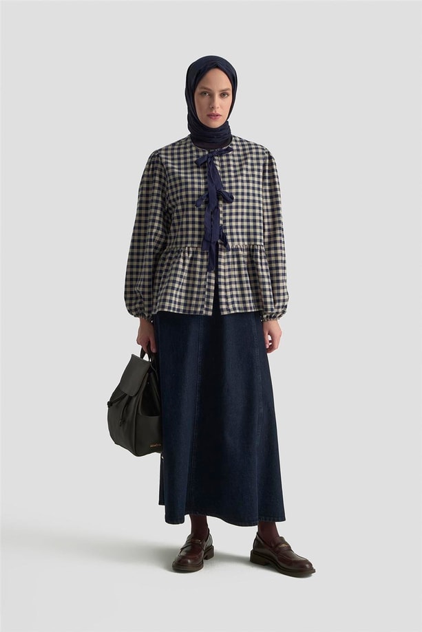 Armine Bağlamalı Karpuz Kol Ekose Tunik 25KM1025 Lacivert