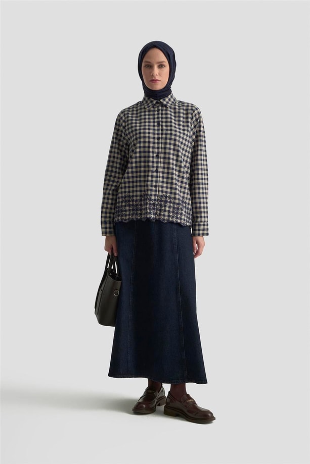 Armine Çiçek Nakışlı Ekose Tunik 25KM1026 Lacivert