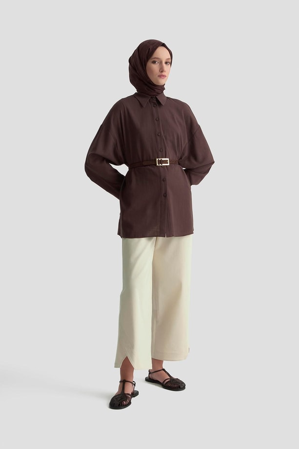 Armine Düğme Detaylı Gömlek 25KD1108 Kahverengi