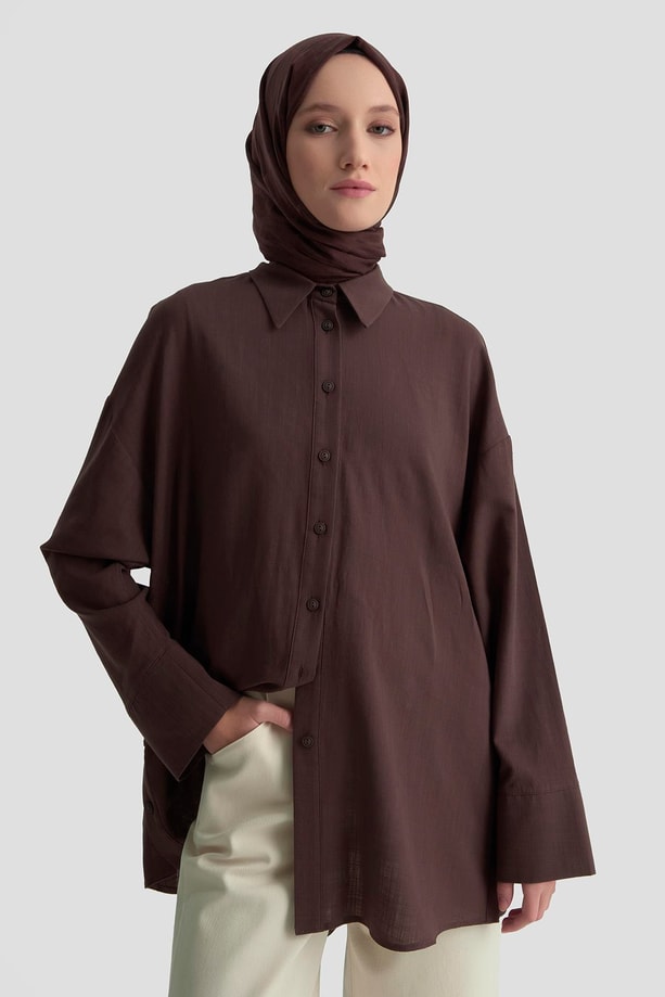 Armine Düğme Detaylı Gömlek 25KD1108 Kahverengi