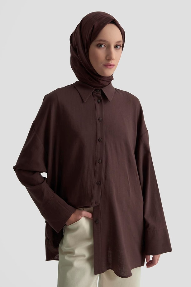 Armine Düğme Detaylı Gömlek 25KD1108 Kahverengi