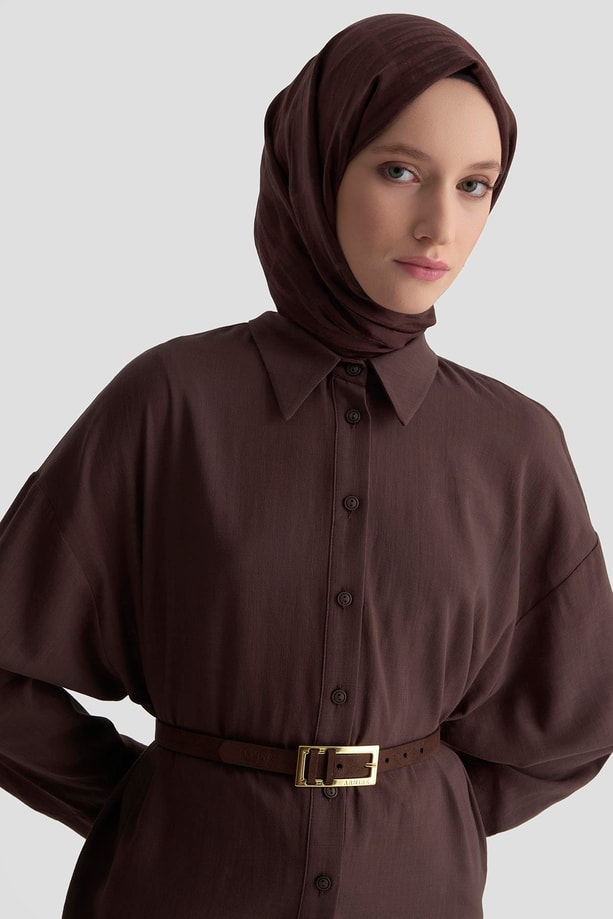 Armine Düğme Detaylı Gömlek 25KD1108 Kahverengi