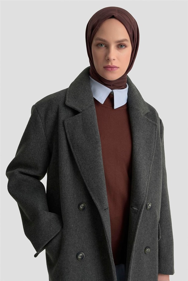 Armine Kruvaze Yaka Kaşe Kaban 25KD1122 Antrasit
