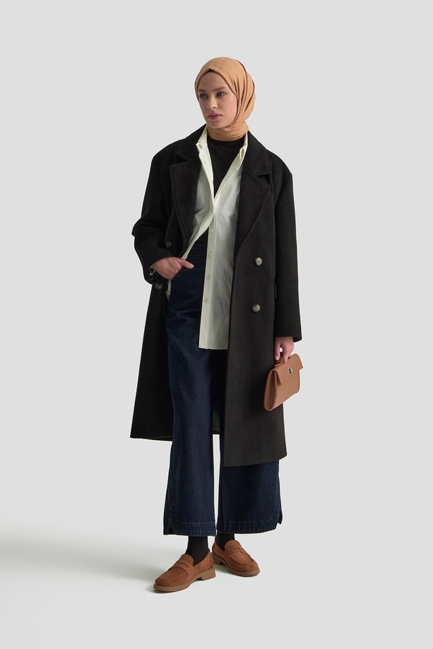 Armine Kruvaze Yaka Kaşe Kaban 25KD1122 Siyah