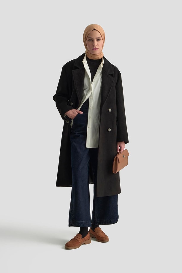 Armine Kruvaze Yaka Kaşe Kaban 25KD1122 Siyah