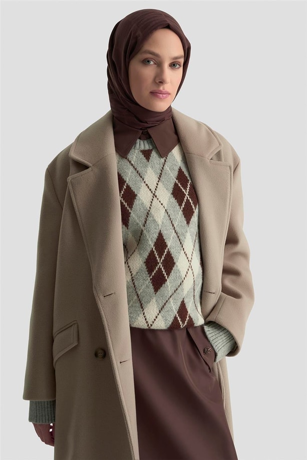 Armine Kruvaze Yaka Kaşe Kaban 25KD1122 Vizon