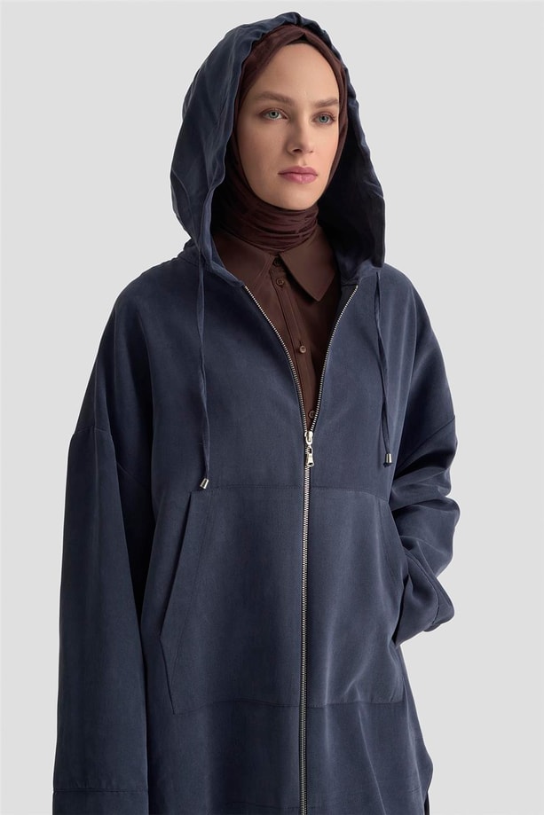 Armine Fermuar Detaylı Kapüşonlu Kap 25KD1125 İndigo