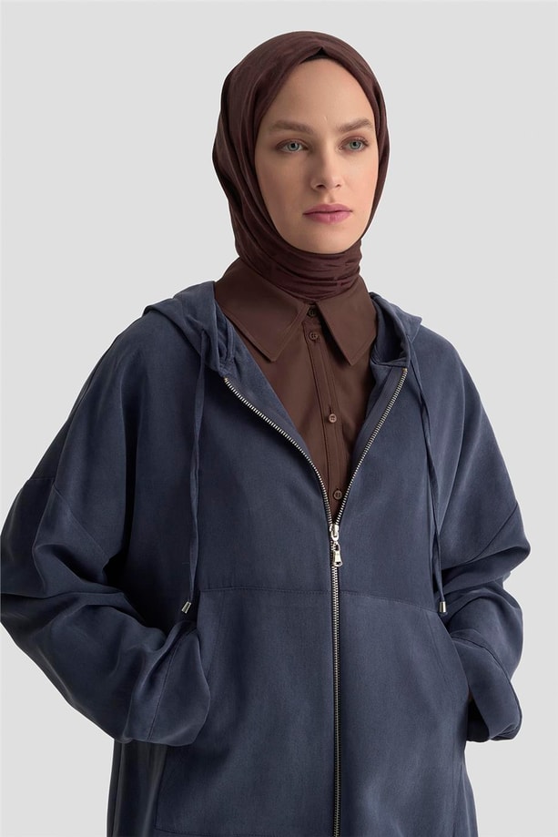 Armine Fermuar Detaylı Kapüşonlu Kap 25KD1125 İndigo