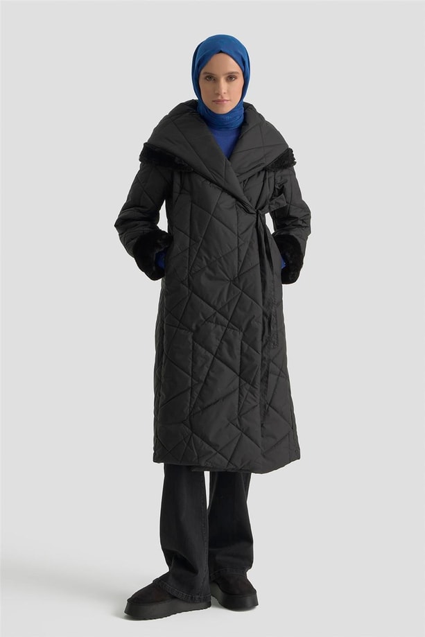 Armine Anvelop Bağlamalı Kapitone Kaban 25KD1403 Siyah