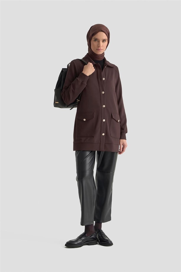 Armine Cep Detaylı Örme Ceket 25KT1439 Acı Kahve