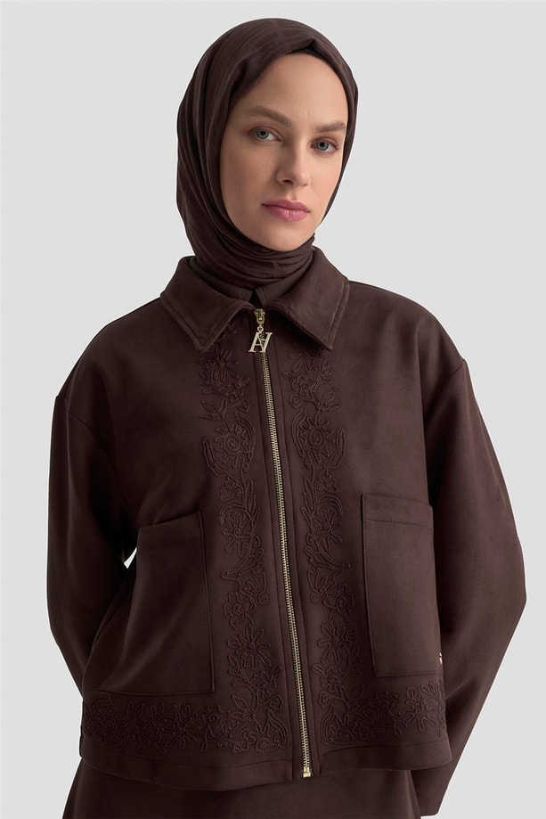 Armine Nakışlı Süet Takım 25KD1505 Kahverengi