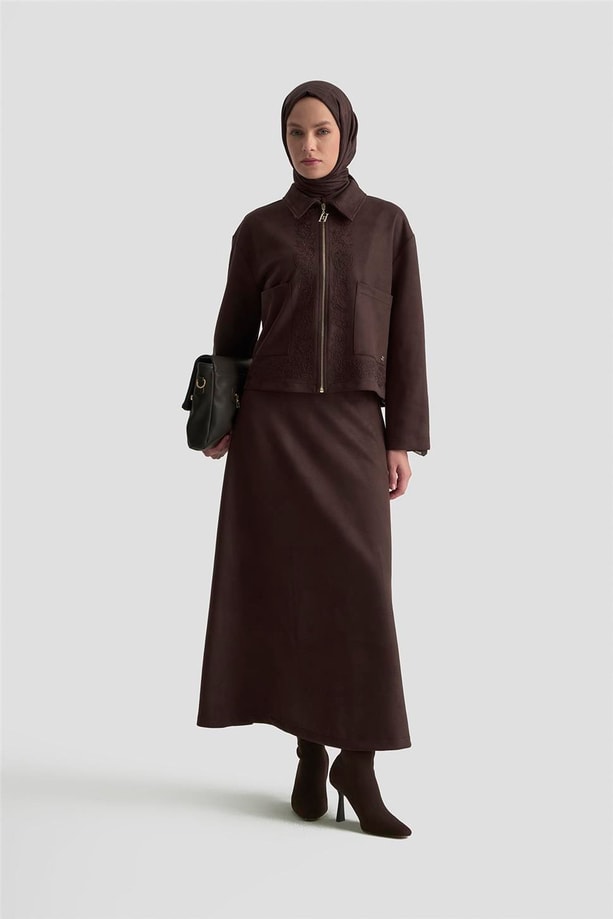 Armine Nakışlı Süet Takım 25KD1505 Kahverengi