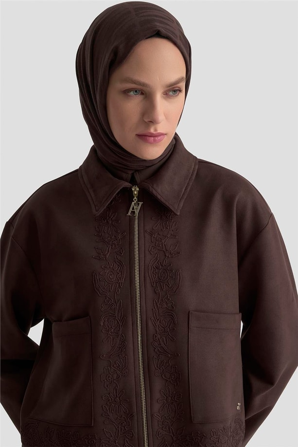 Armine Nakışlı Süet Takım 25KD1505 Kahverengi