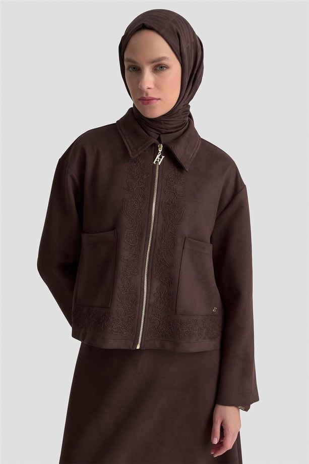 Armine Nakışlı Süet Takım 25KD1505 Kahverengi