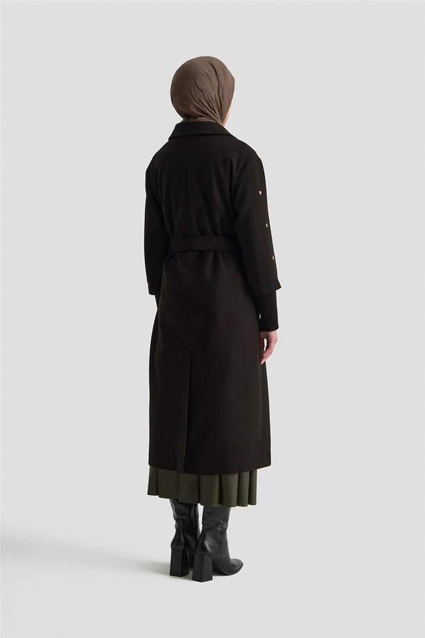 Armine Ribanalı Kaşe Manto 25KT1709 Siyah