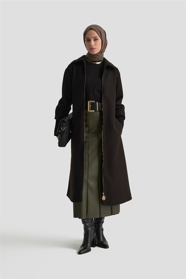 Armine Ribanalı Kaşe Manto 25KT1709 Siyah