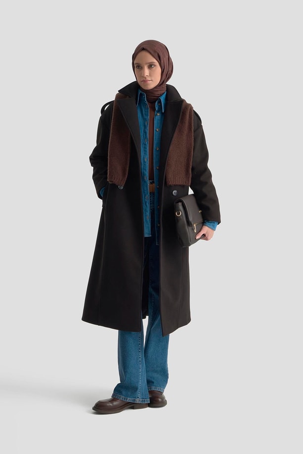 Armine Aller Detaylı Düğmeli Manto 25KT1729 Siyah