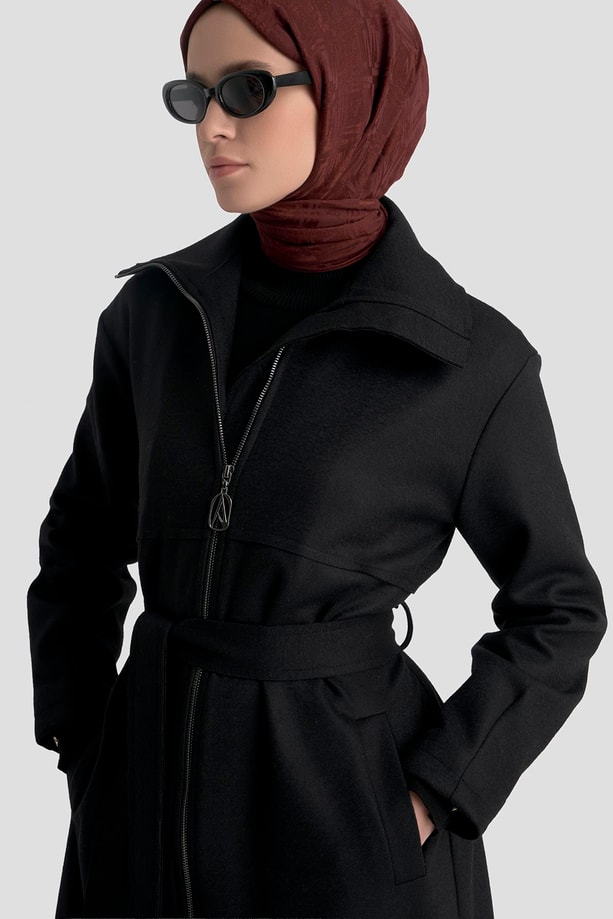 Armine Fermuarlı Kaşe Pardesü 25KT1801 Siyah