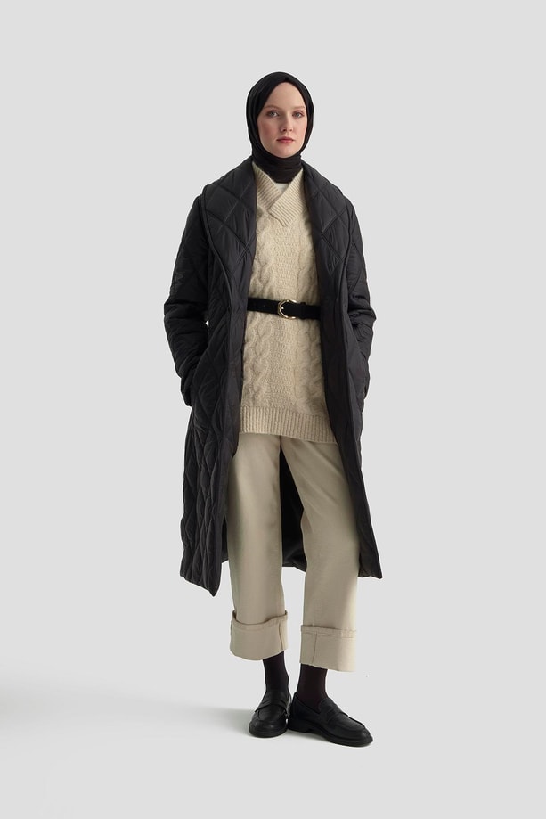 Armine Şal Yaka Kapitone Kaban 25KD2201 Siyah