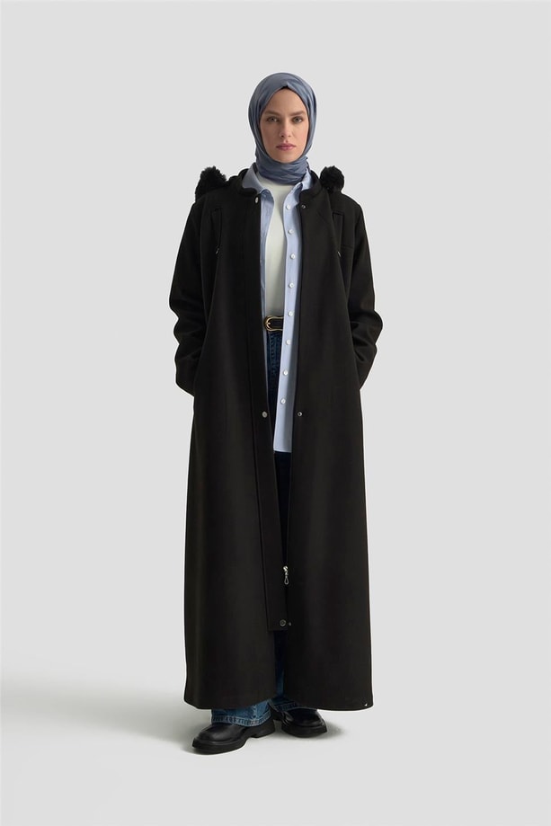 Armine Kapüşonlu Kaşe Kaban 25KD2504 Siyah