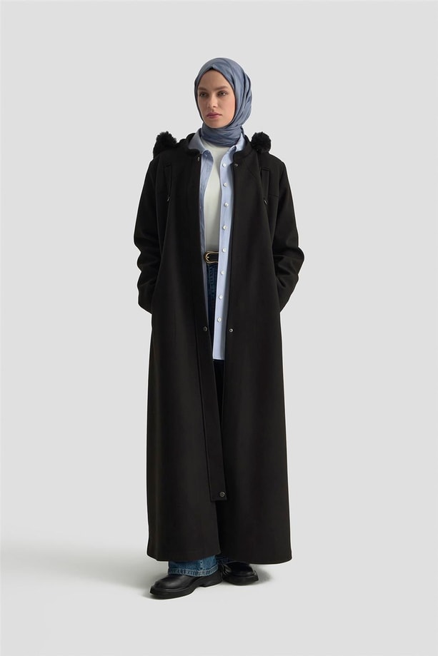 Armine Kapüşonlu Kaşe Kaban 25KD2504 Siyah