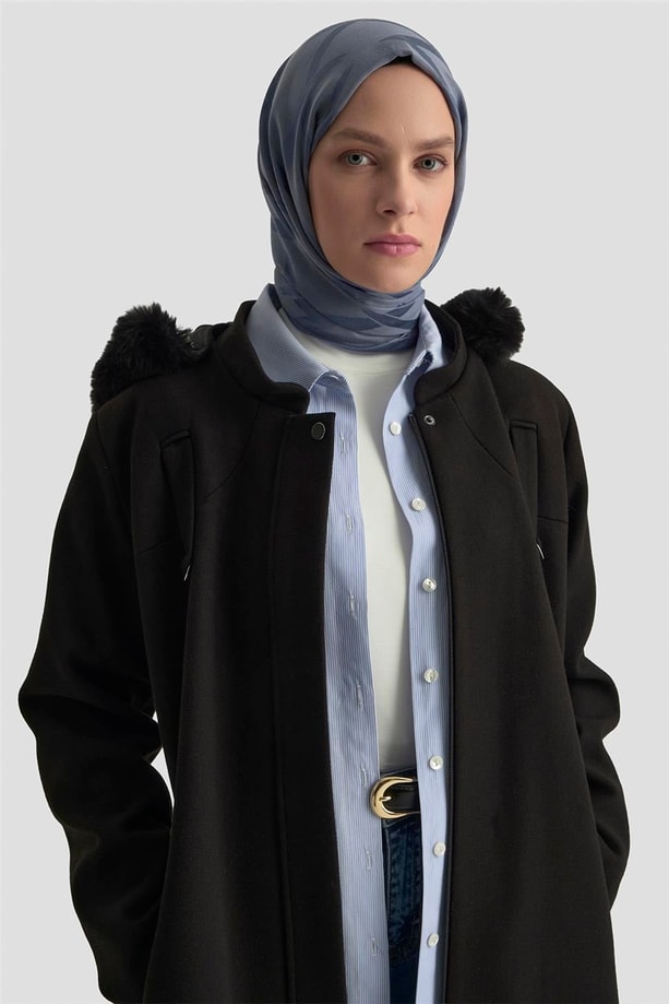 Armine Kapüşonlu Kaşe Kaban 25KD2504 Siyah