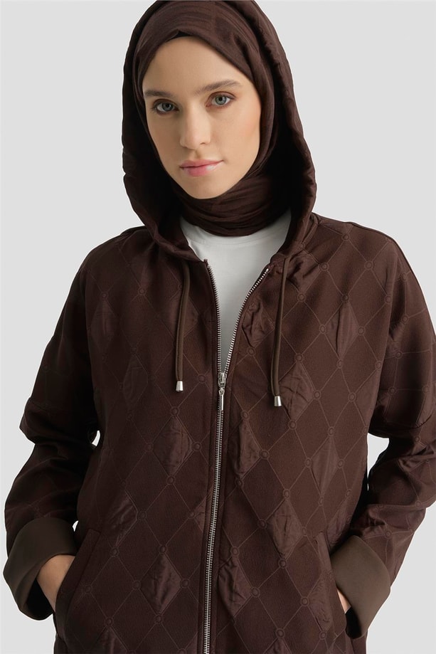 Desenli Kapüşonlu Relax Takım Kahve