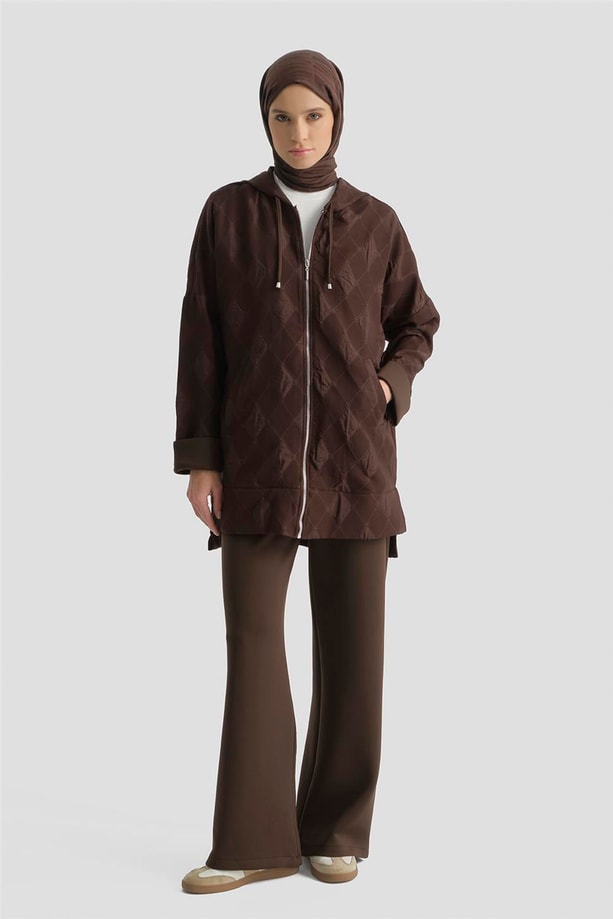 Desenli Kapüşonlu Relax Takım Kahve