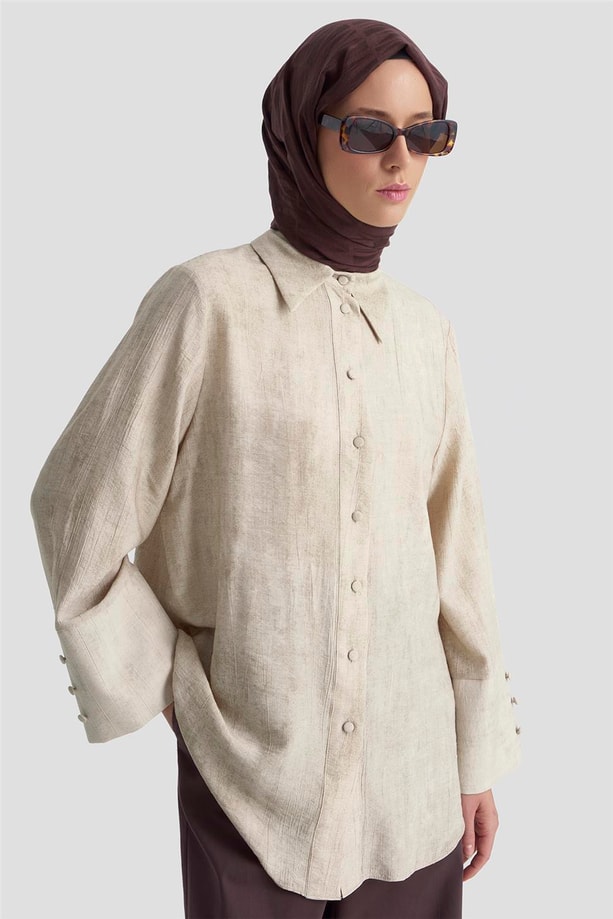 Armine Geniş Manşetli Kolu Pileli Patlı Gömlek 25K3805 Vizon