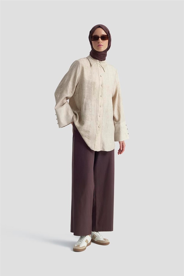 Armine Geniş Manşetli Kolu Pileli Patlı Gömlek 25K3805 Vizon