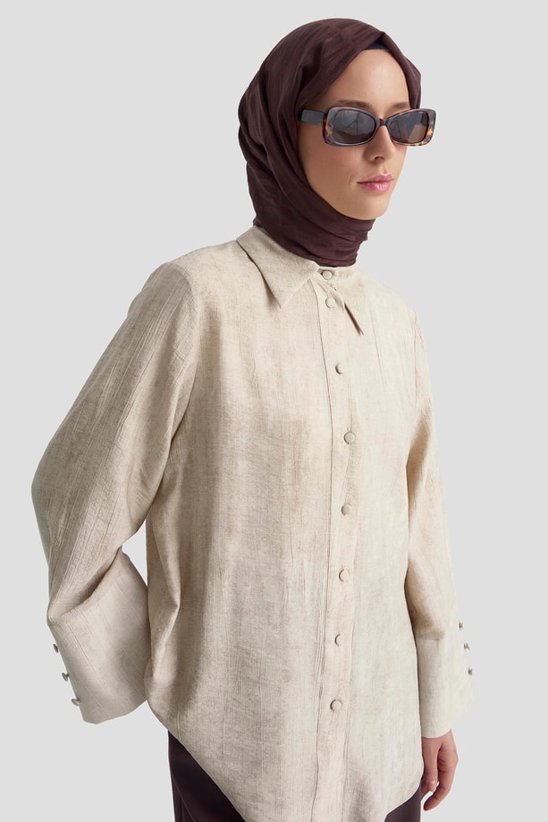 Armine Geniş Manşetli Kolu Pileli Patlı Gömlek 25K3805 Vizon