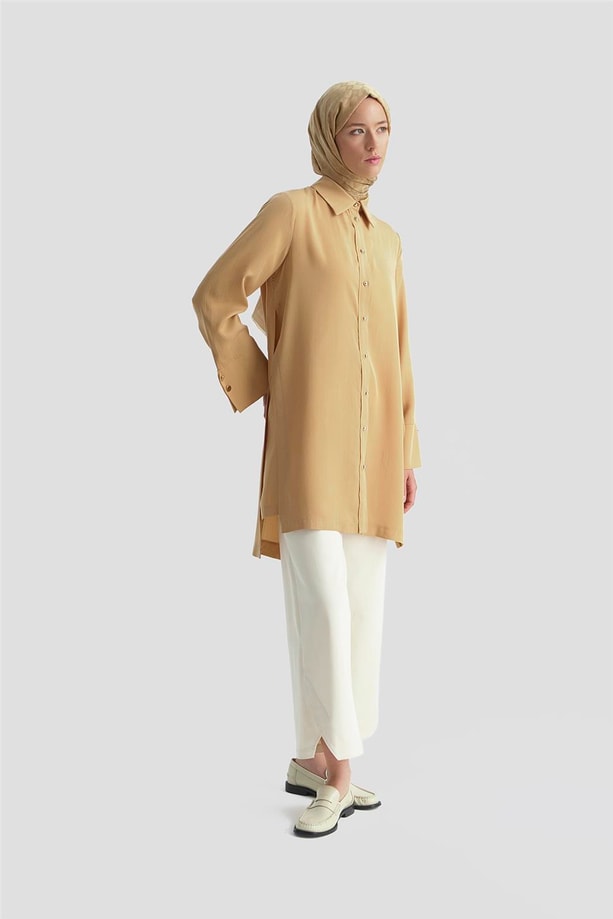 Armine Kalın Manşetli Tencel Tunik 25KD4012 Camel