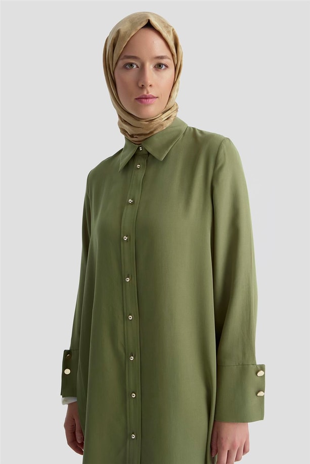 Armine Kalın Manşetli Tencel Tunik 25KD4012 Haki