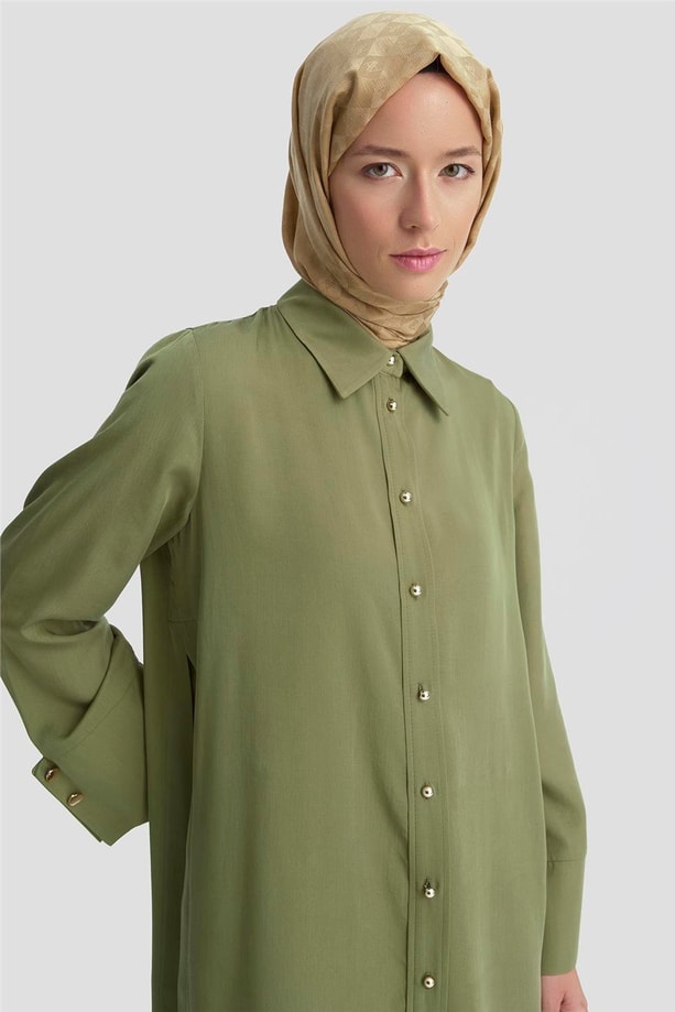 Armine Kalın Manşetli Tencel Tunik 25KD4012 Haki