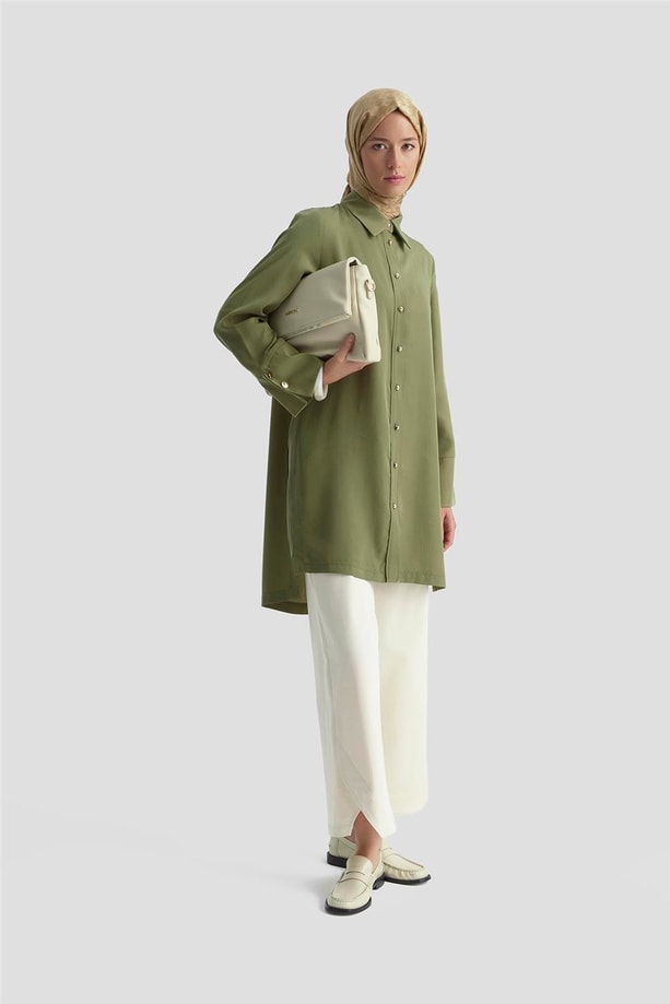 Armine Kalın Manşetli Tencel Tunik 25KD4012 Haki