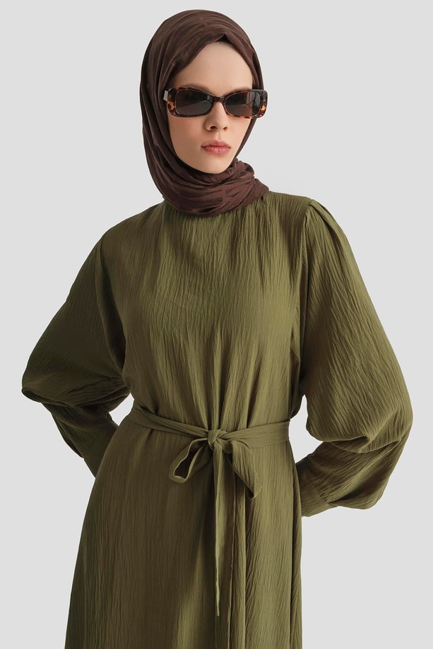 Armine Balon Kollu Elbise 25KD4013 Haki