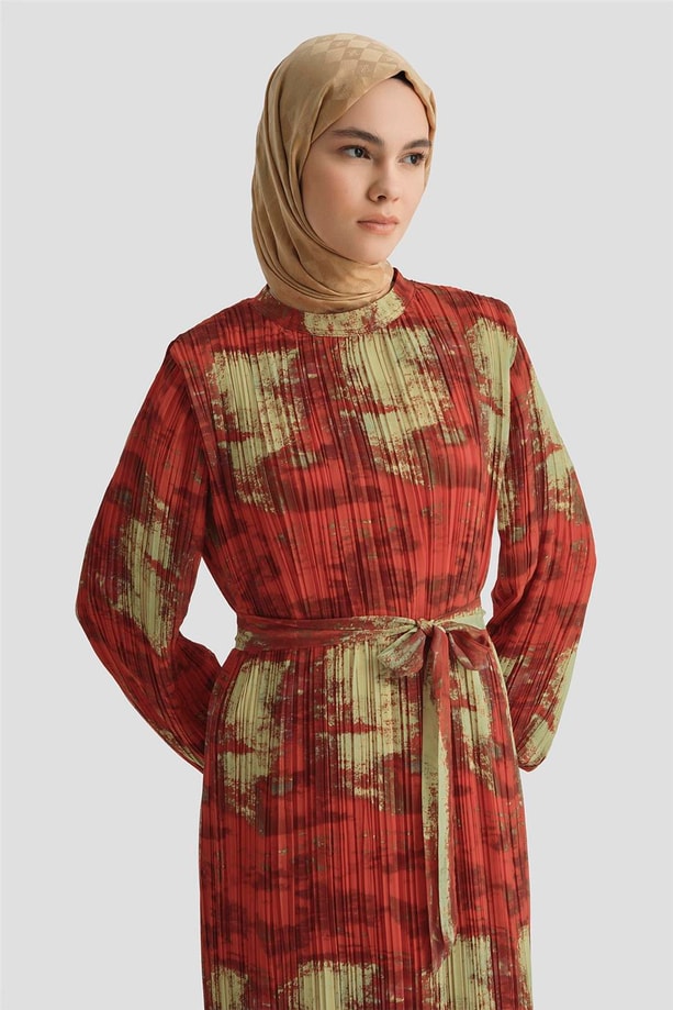 Armine Desenli Elbise 25YD4015 Kırmızı