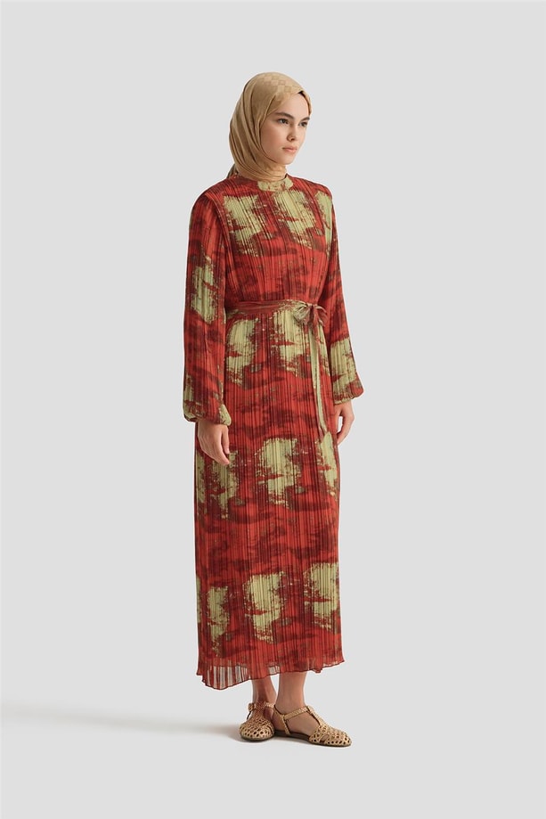 Armine Desenli Elbise 25YD4015 Kırmızı