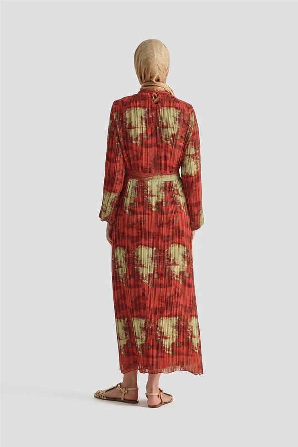 Armine Desenli Elbise 25YD4015 Kırmızı